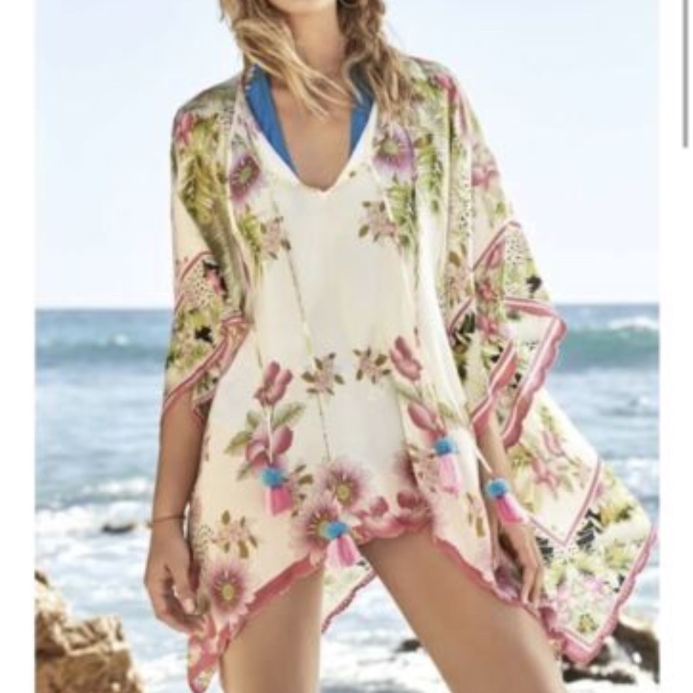Johnny Was Galore 100% Silk Poncho Top Embroidered Floral
